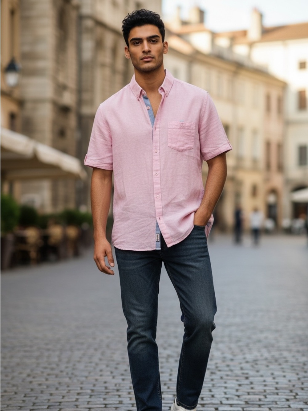 PRIVATE MEMEBER Men's Pink Short-Sleeve linen blend Button-Up Shirt sz medium